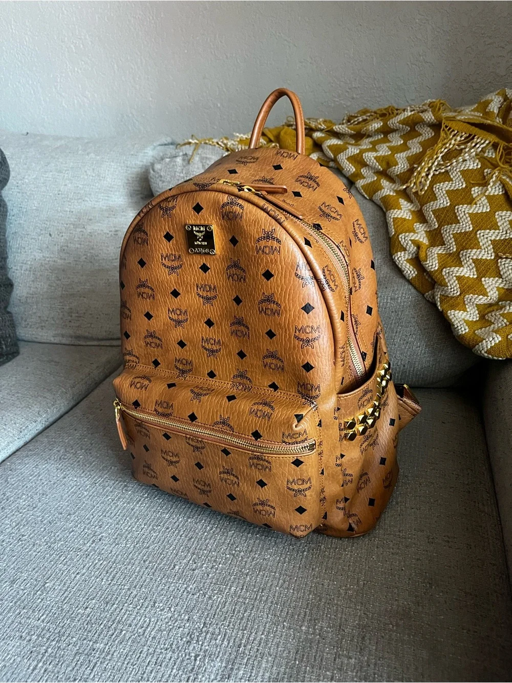 MCM Cognac Logo Visetos Backpack with Gold Hardware